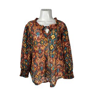 Cato XL Womens Boho Lace Blouse Retro Ikat Print Tie Neck Balloon Sleeve Top